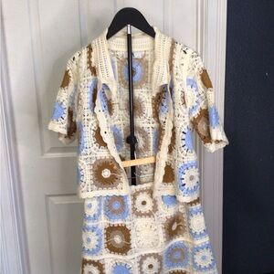 Crochet Skirt Set in Cream, Blue, and Brown